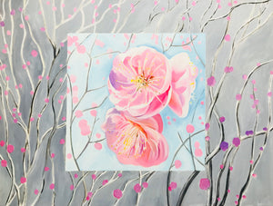 Large Oil Painting Pink Cherry Blossoms On Linen Canvas Ready to Hang Original Wall Art Wall Decor