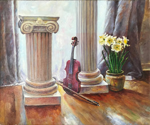 Violin Flowers Still Life Oil Painting Print, Giclee Art Print, Still Life Fine Art Print, Still Life Wall Art, Still Life Wall Decor