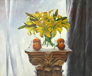 Still life Oil Painting Wall Art Flowers Fruit Columns Free Domestic Shipping Wall Decor Original on Linen Canvas Ready to Hang