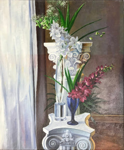 Oil Painting Still life Flowers Columns Free Domestic Shipping Original on Linen Canvas Wall Art Wall Decor Ready to Hang