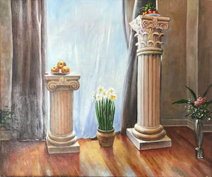 Oil Painting Still life Wall Art Flowers Fruit Columns Free Domestic Shipping Wall Decor Original on Linen Canvas Ready to Hang