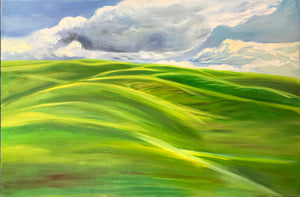 Wall Art Acrylic Painting Large Green Hills Landscape Wall Decor Original on Linen Canvas Ready to Hang